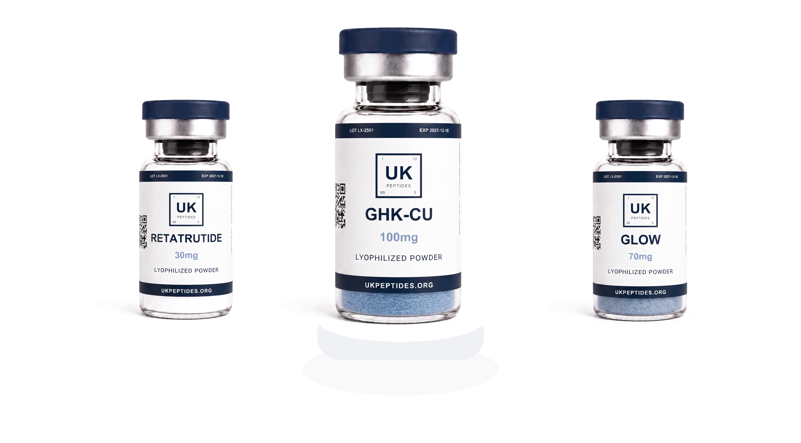 Three UK Peptides vials: GHK-Cu on a plinth between Retatrutide and Glow